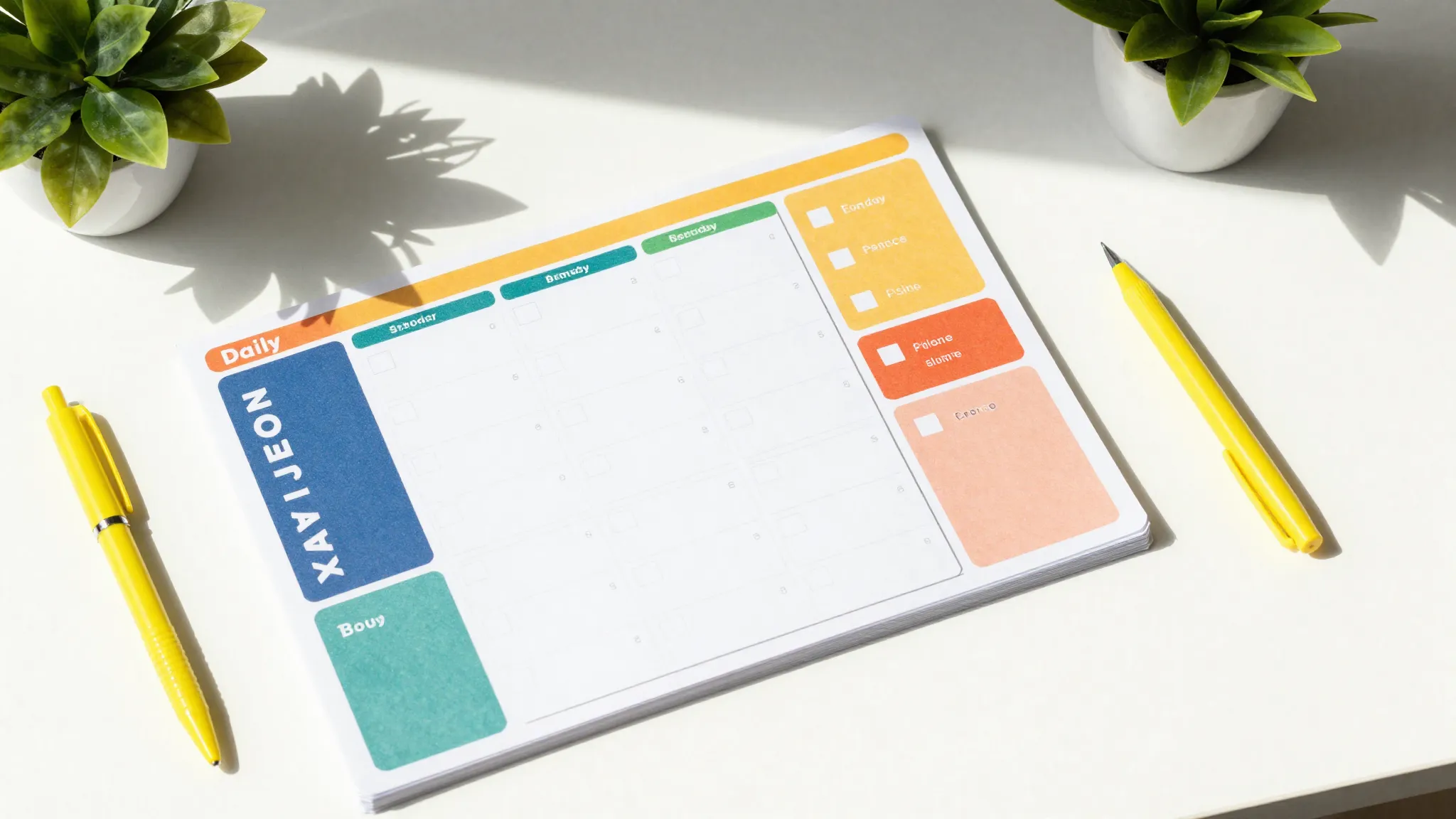 Top view of a colorful daily schedule sheet on a white desk,...