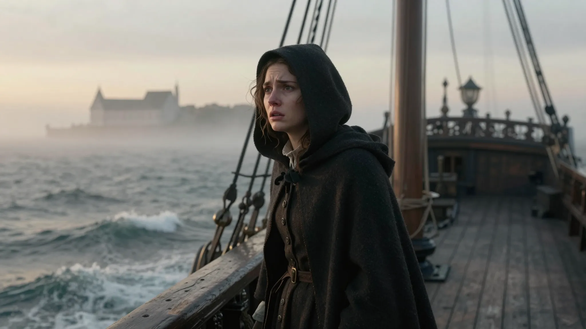 A young woman in a dark hooded cloak standing on the deck of...