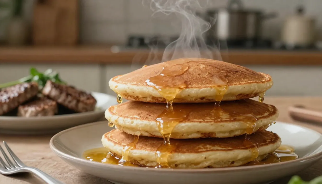 Close-up shot of golden brown homemade pancakes stacked high...