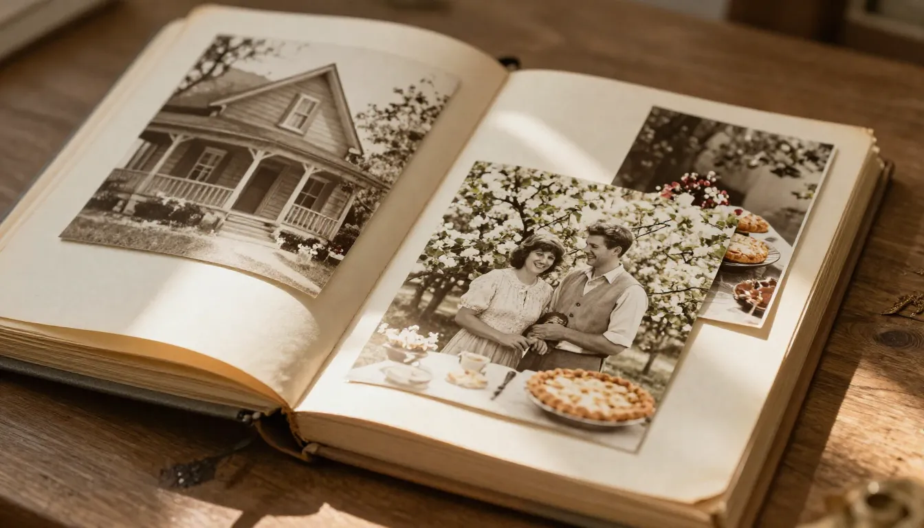 An open vintage photo album lying on a wooden table. Inside ...