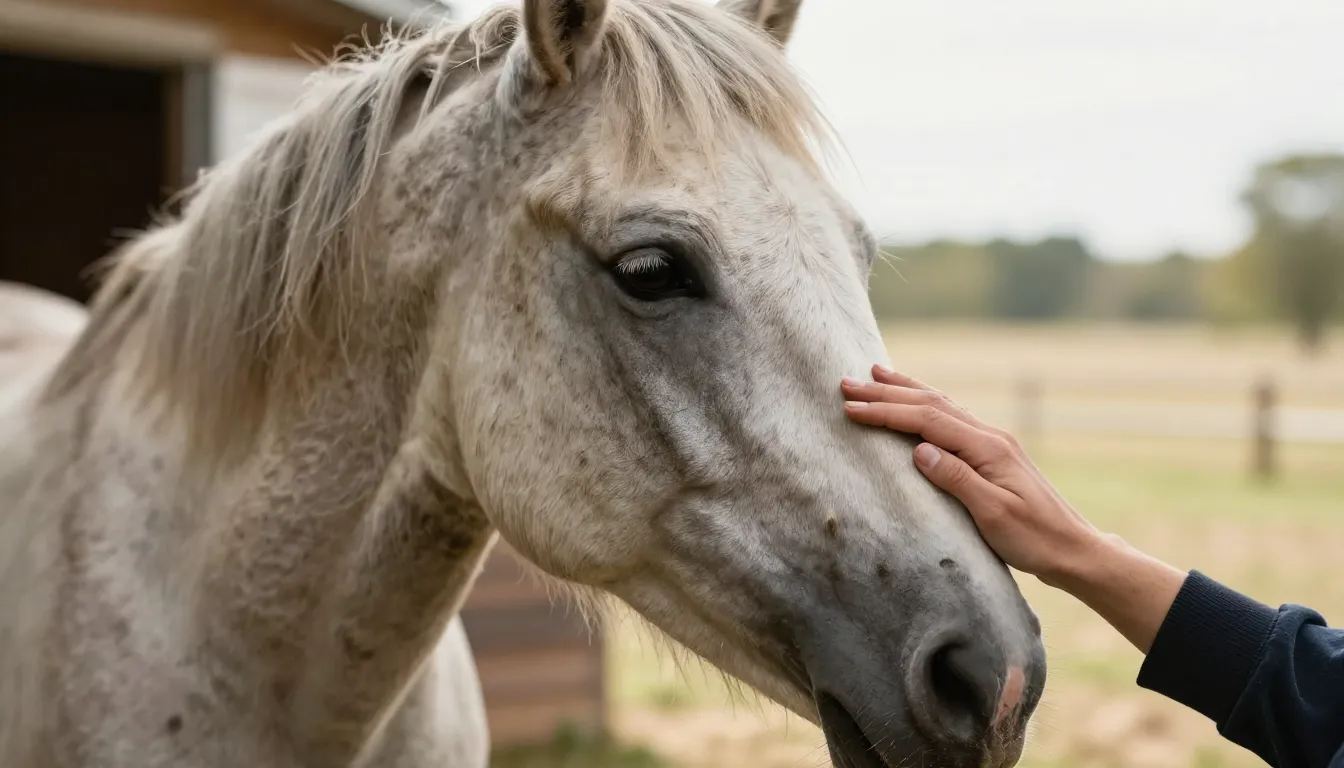A heartwarming portrait of an old, wise horse with gentle ey...