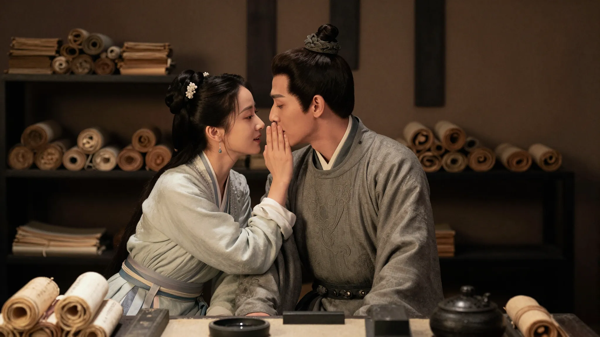 A cinematic shot of a young Chinese woman and a young man in...