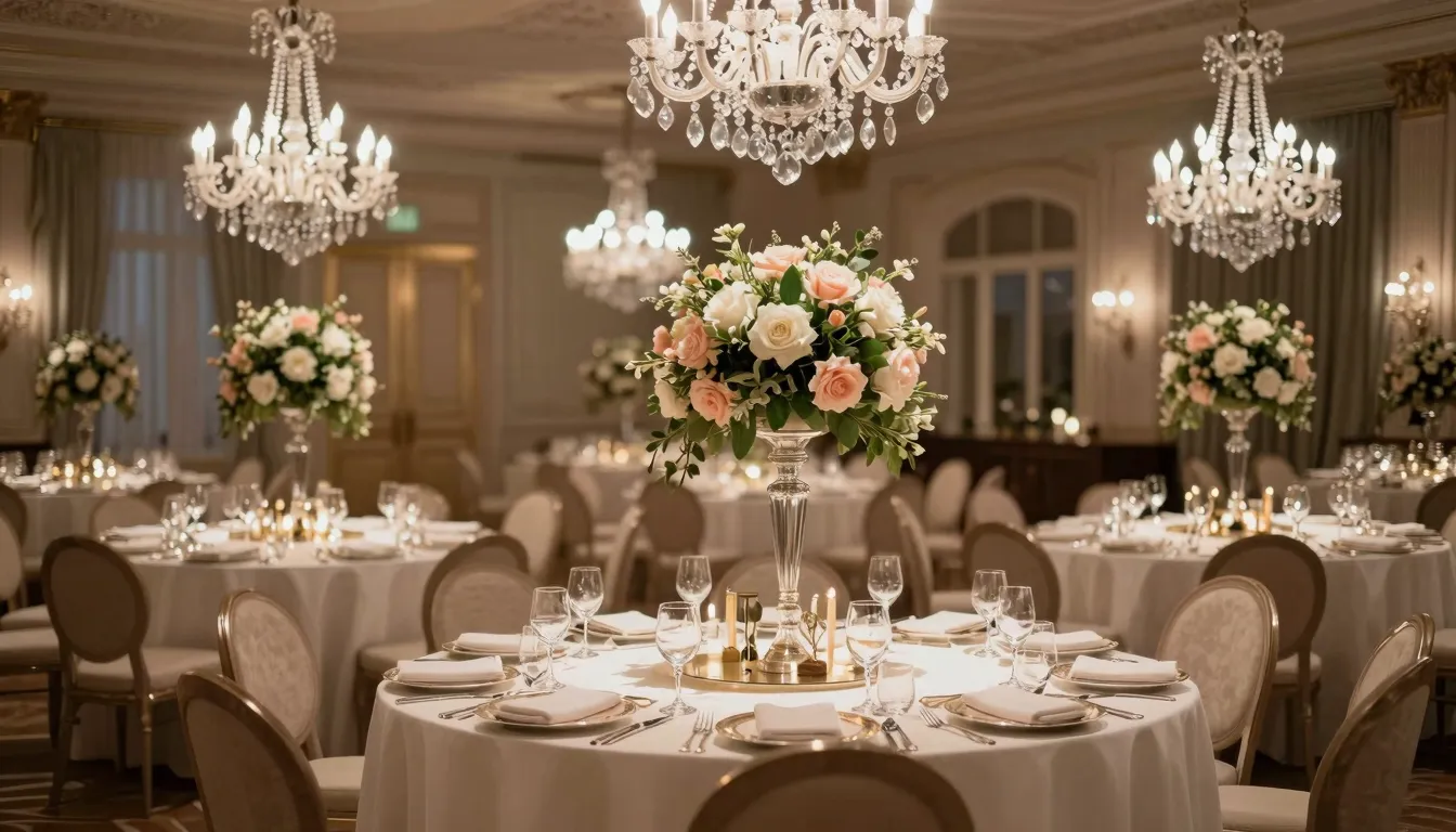 A luxurious gala dinner setup in a grand ballroom, crystal c...