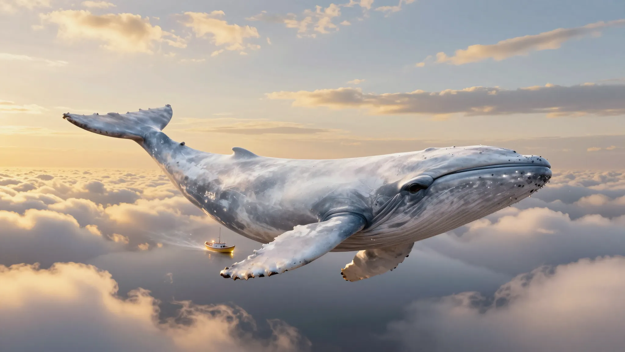A majestic white whale flying through a sea of golden clouds...
