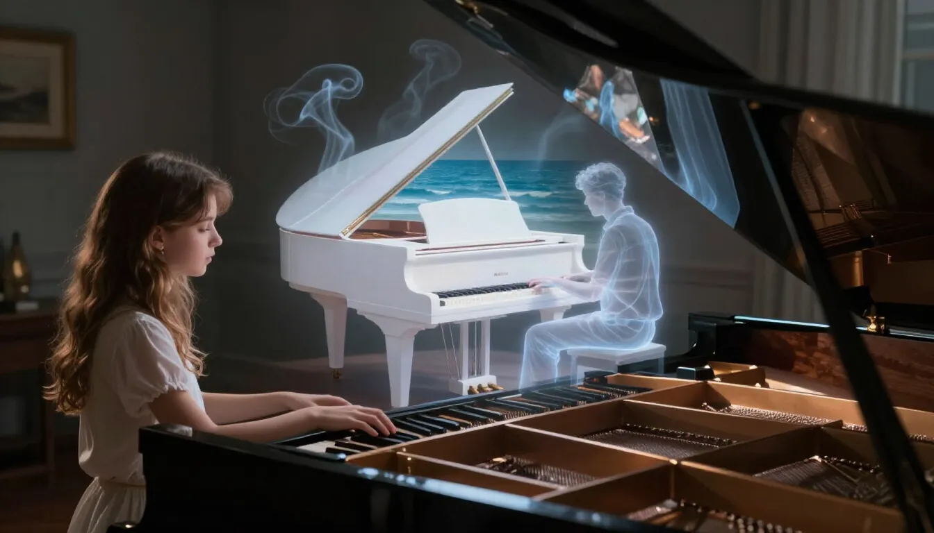 A girl from a photo opening a piano lid in a dark room, a ho...