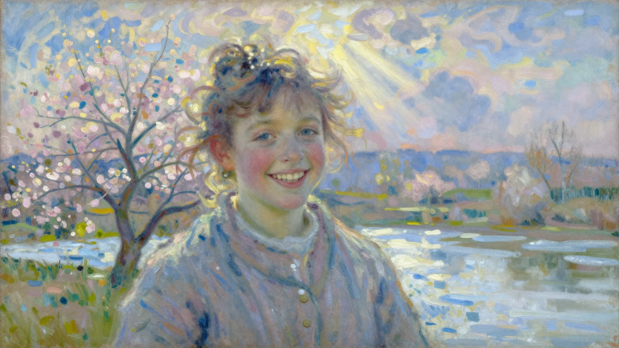 Impressionist painting of a radiant human smile blending int...