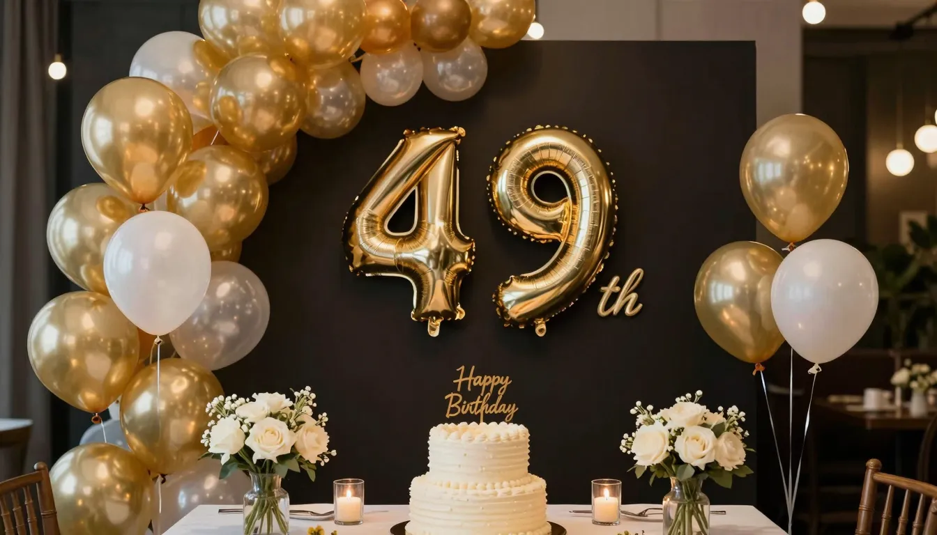 Elegant 49th birthday celebration background with golden bal...