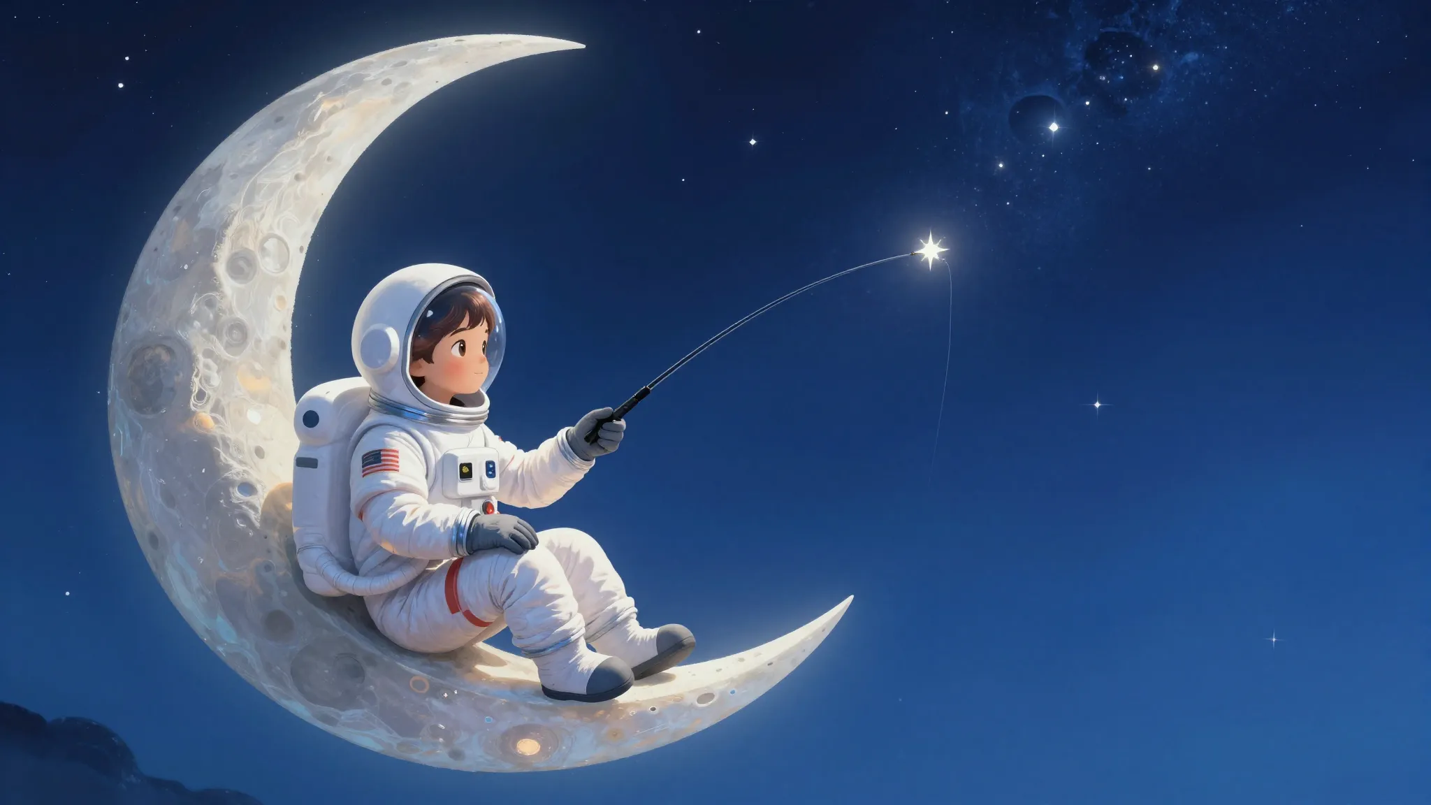 A stunning illustration of a small boy in a space suit sitti...