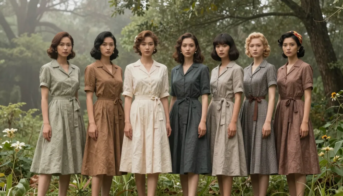 Six fashion models standing in a row in a misty forest, wear...