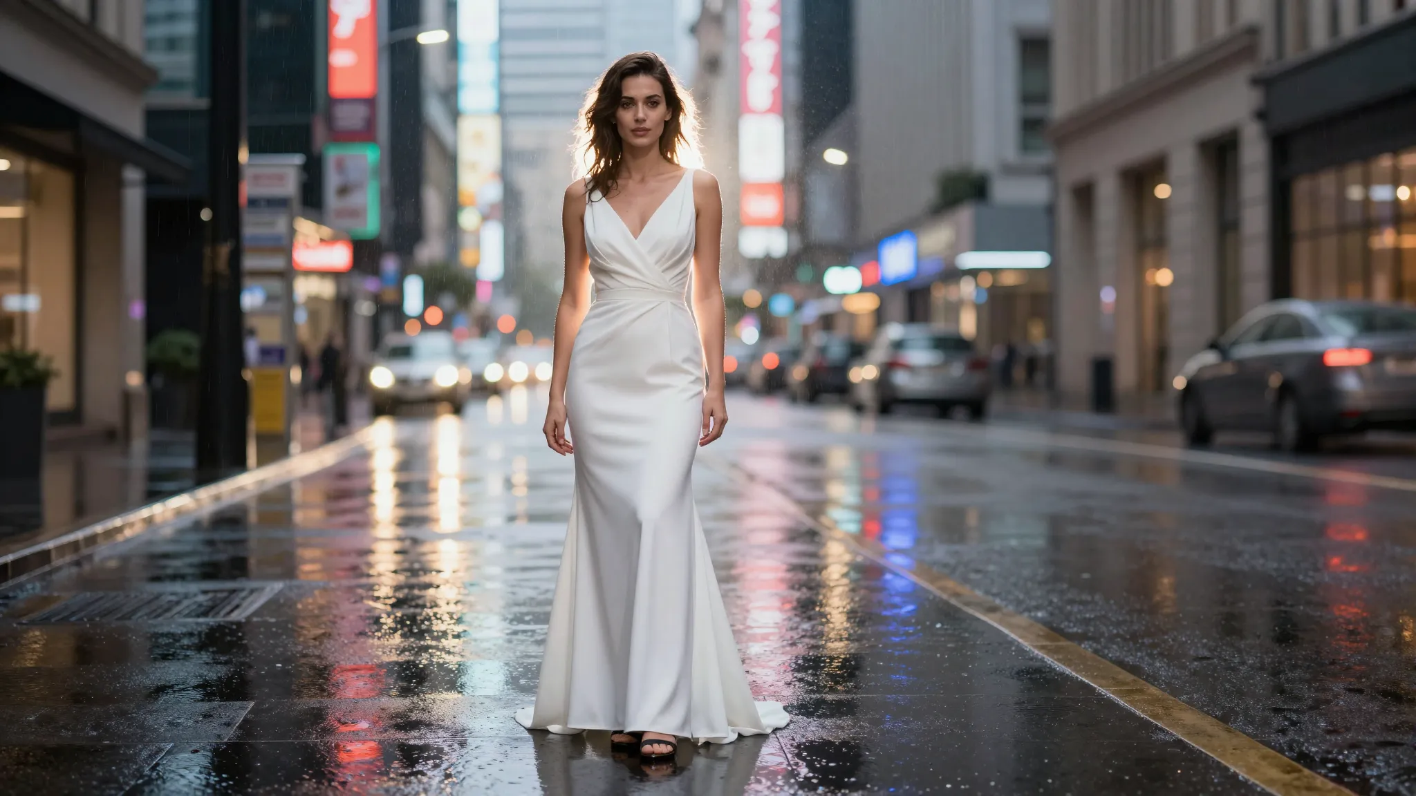 Full-length shot of a woman in an elegant white dress standi...