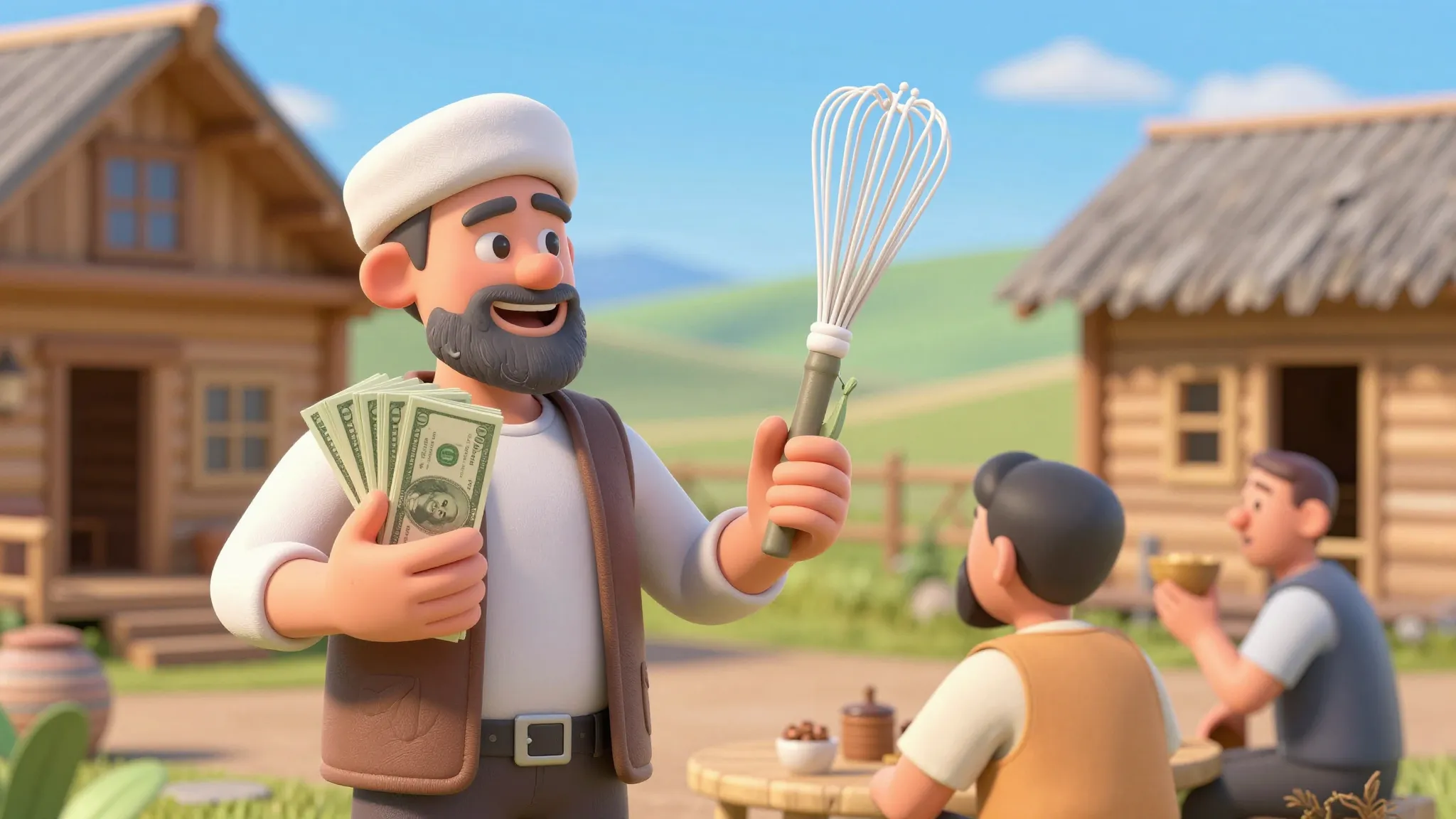 A happy businessman holding a stack of money and a sauna whi...