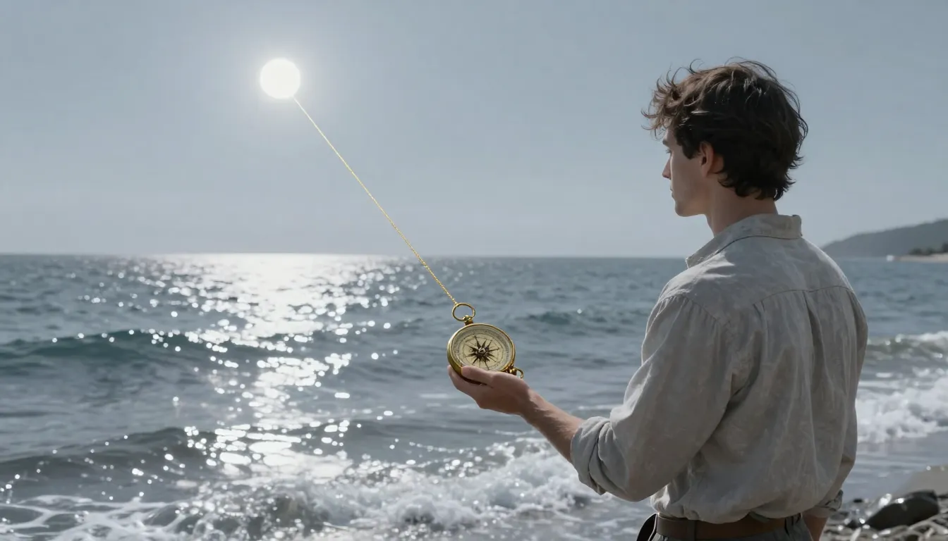 A man on a silver liquid ocean shore holding an ancient comp...