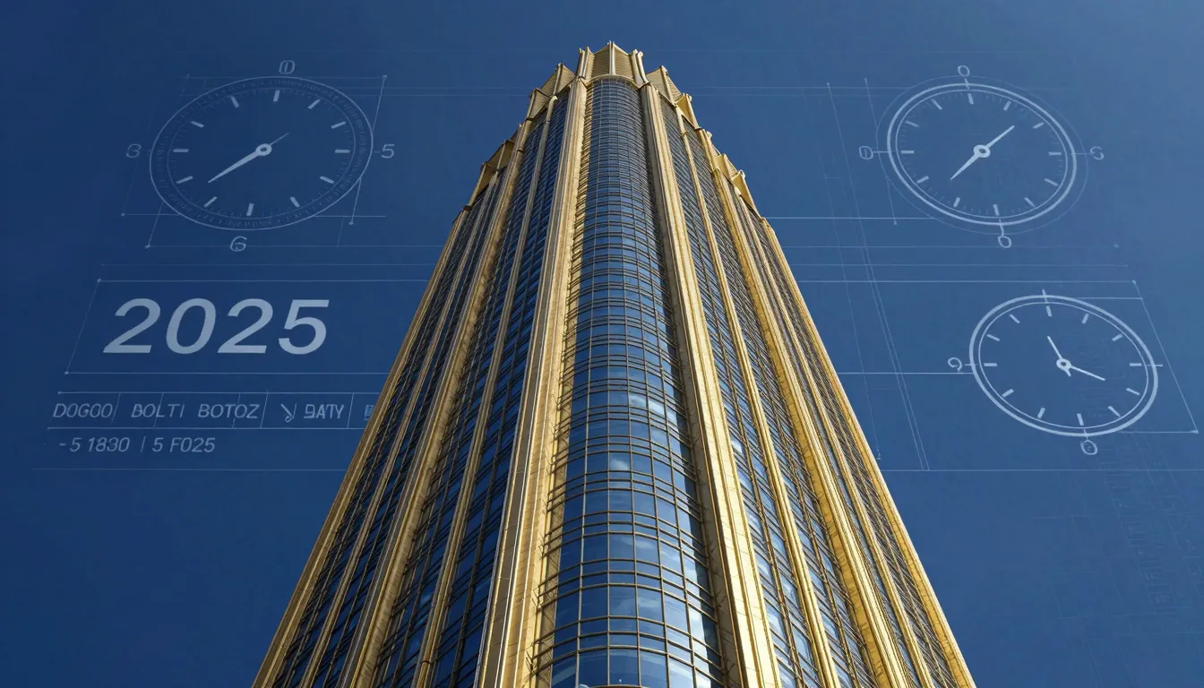 A modern architectural blueprint of a skyscraper with a digi...