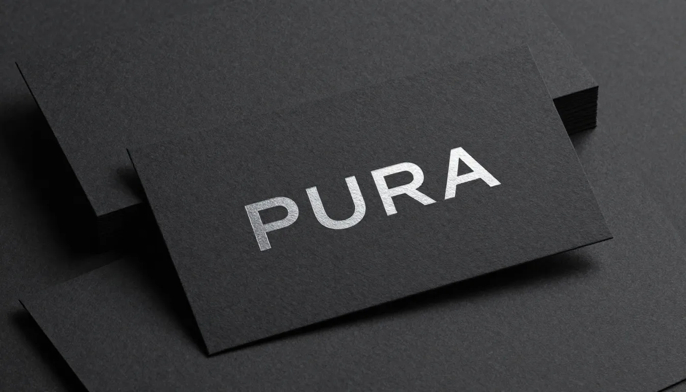 Professional business card design for 'PURA', dark charcoal ...