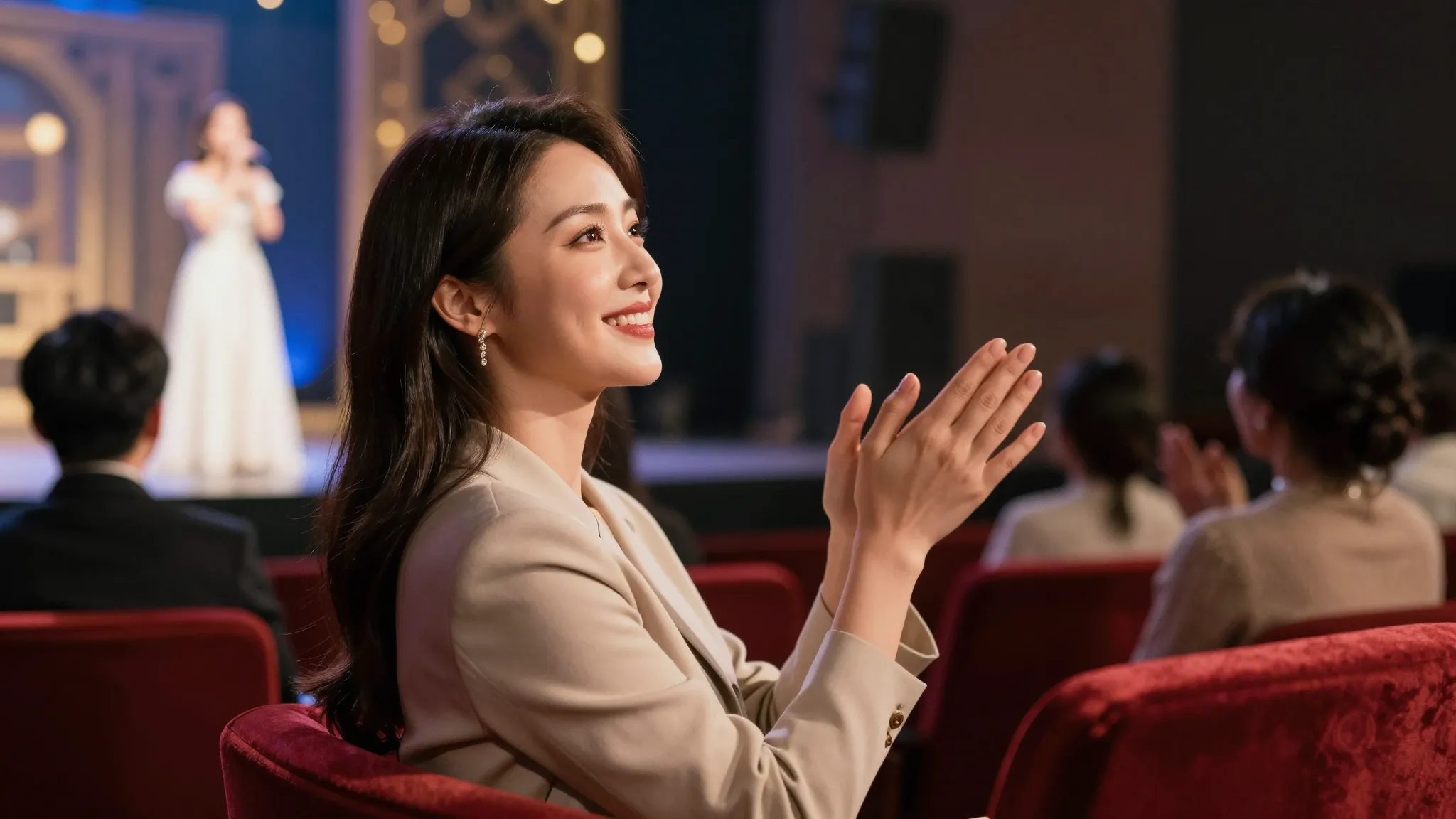 An elegant woman sitting in a theater audience, clapping and...