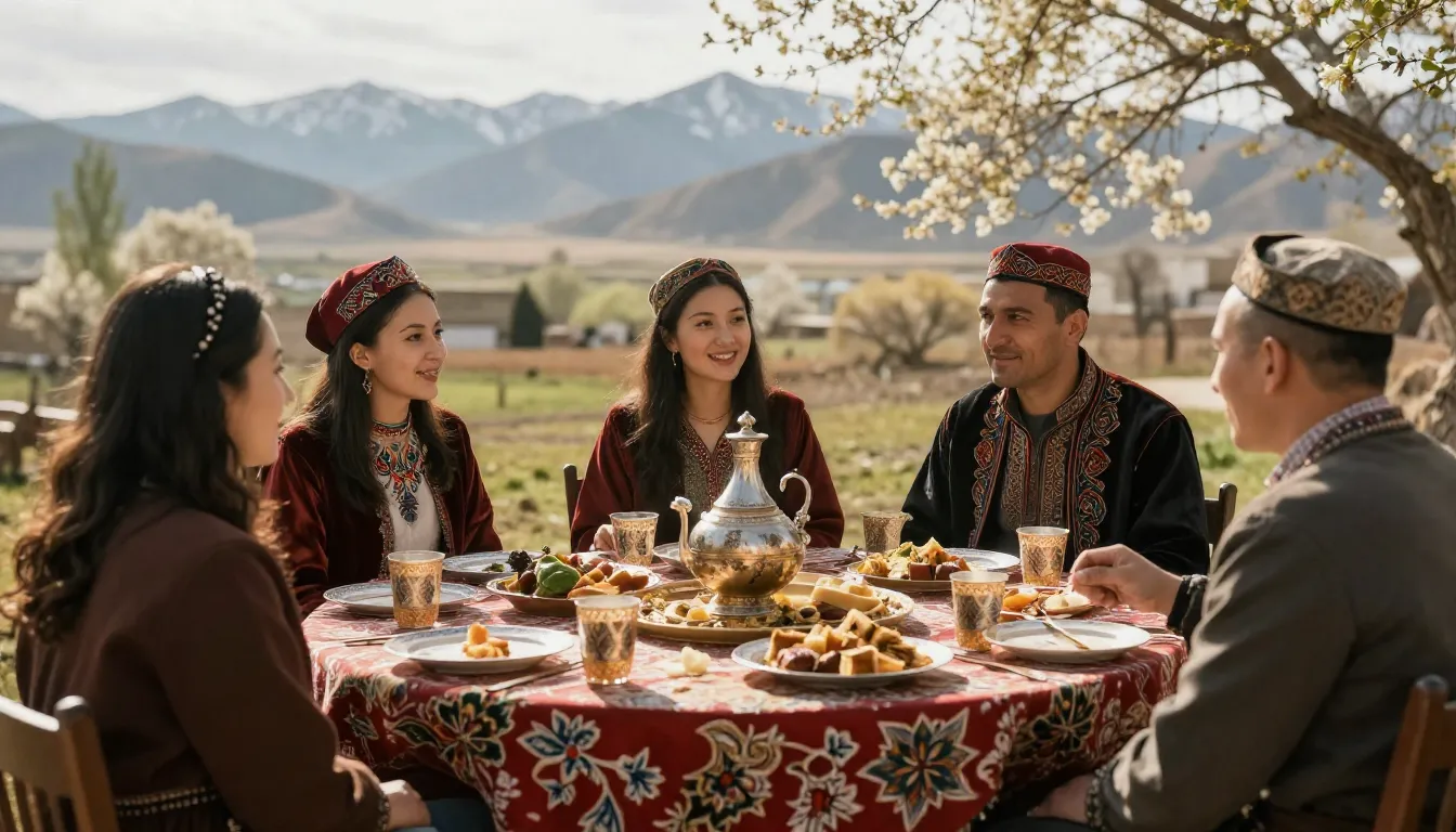 Festive atmosphere in Kyrgyzstan, traditional table with boo...