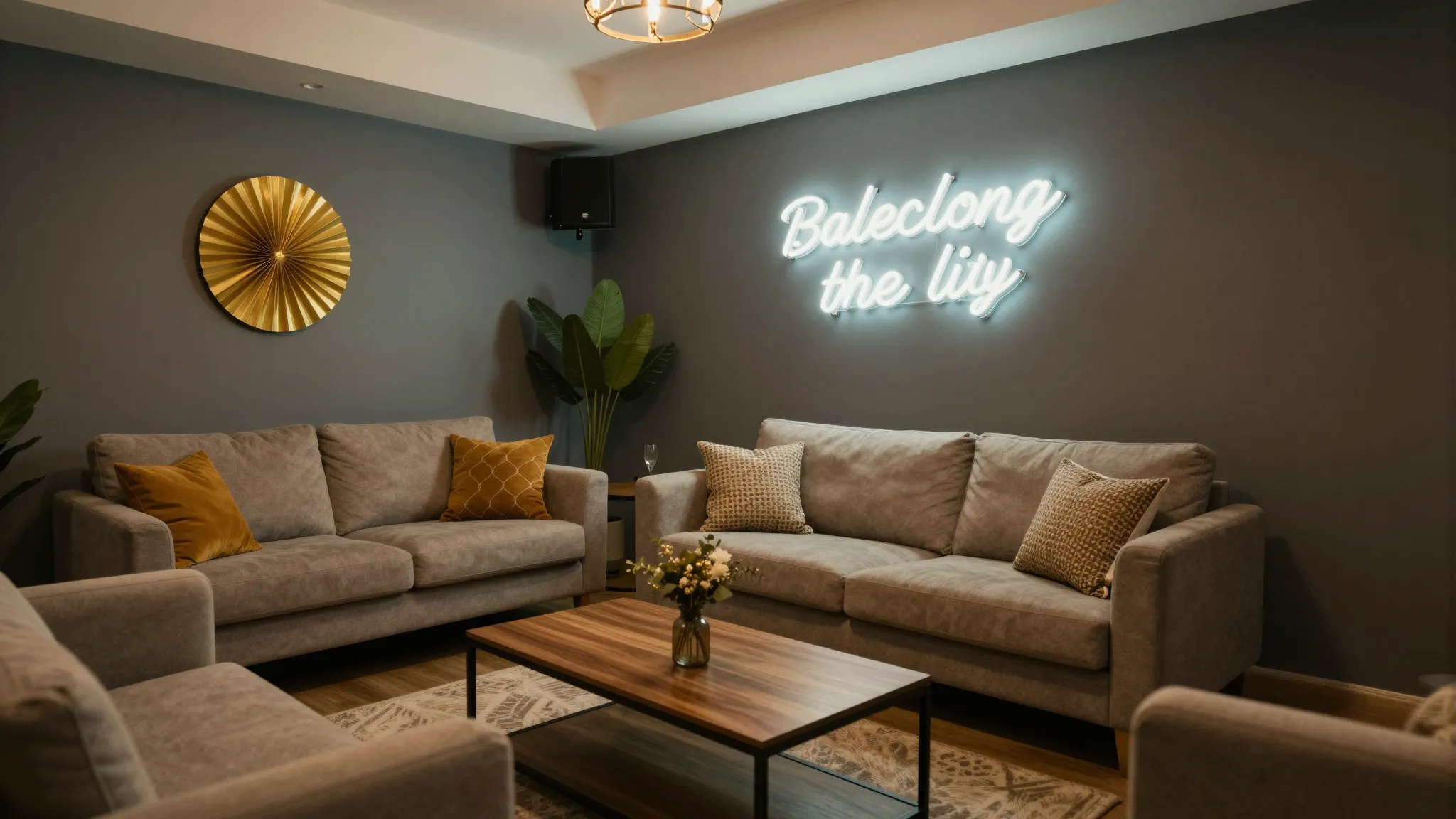 A stylish interior of a private party room, comfortable sofa...