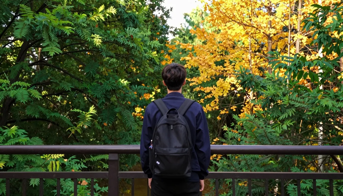 A person standing on a bridge looking back at a vibrant gree...