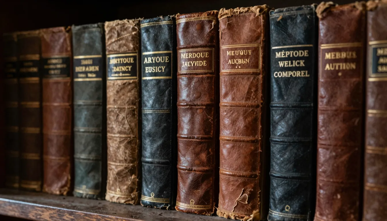 Close-up of a row of antique books on a dusty shelf. The tex...