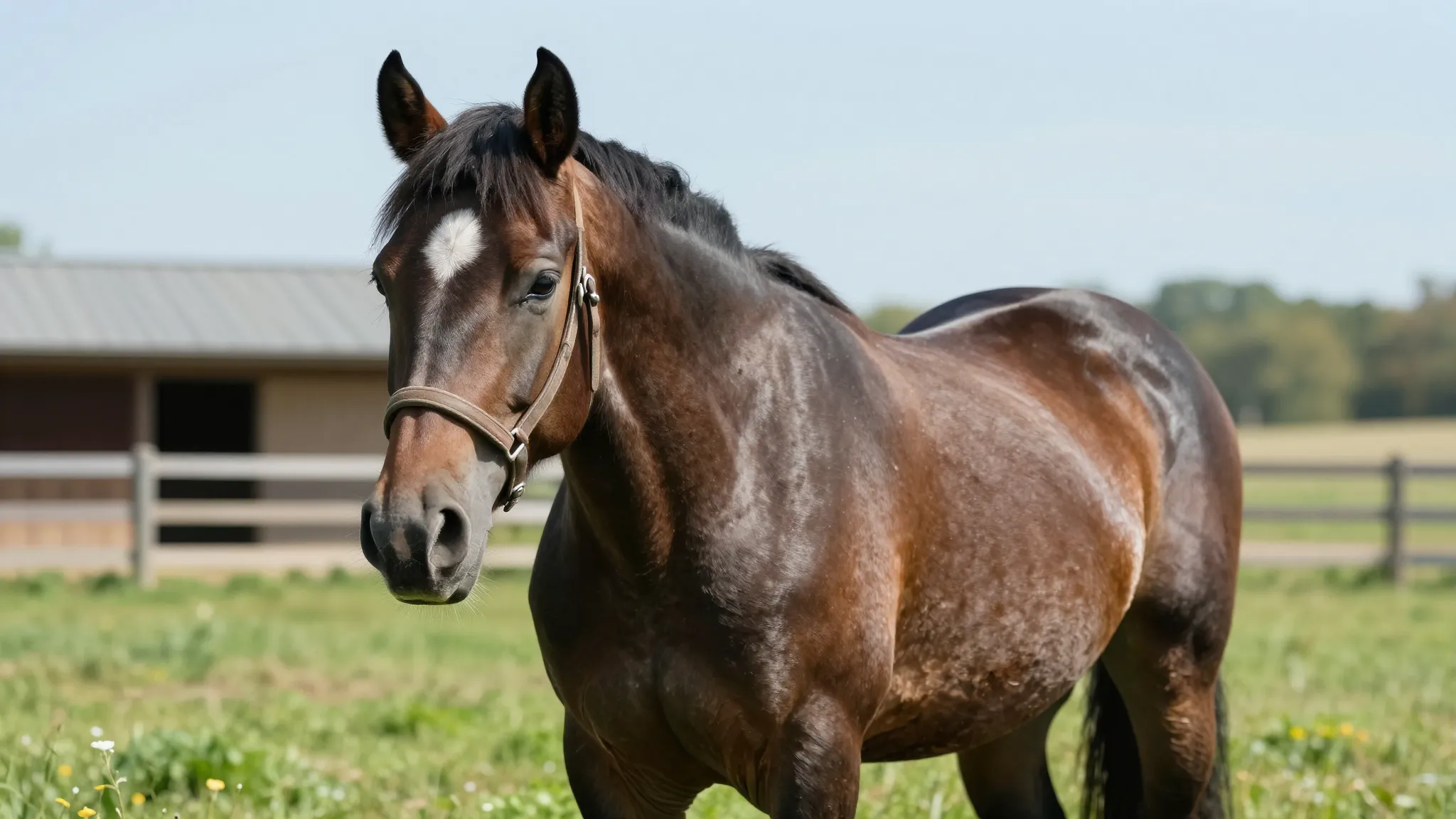 A majestic old horse, named Grom, with a kind expression, st...