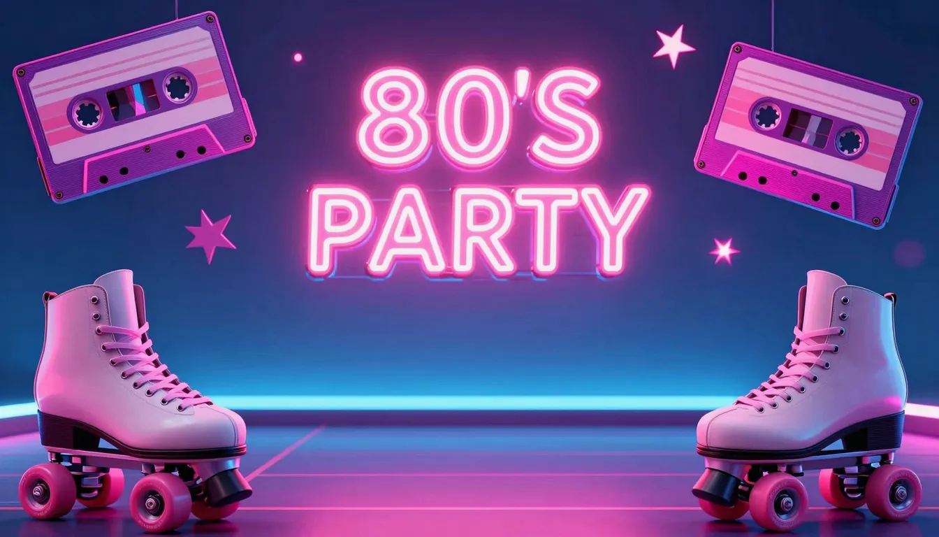 Retro 80s party background, neon pink and blue colors, styli...