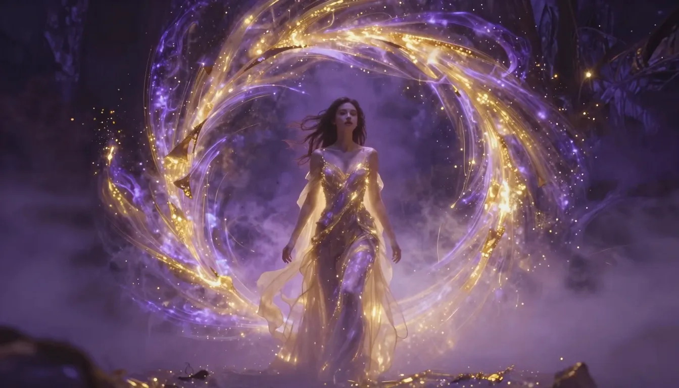 A mystical portal shimmering with swirling purple and gold e...