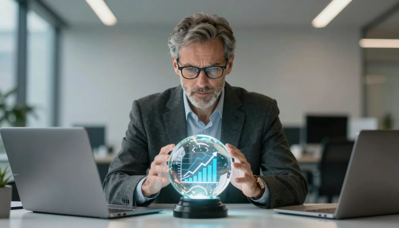 A wise marketing wizard with a glowing crystal ball showing ...