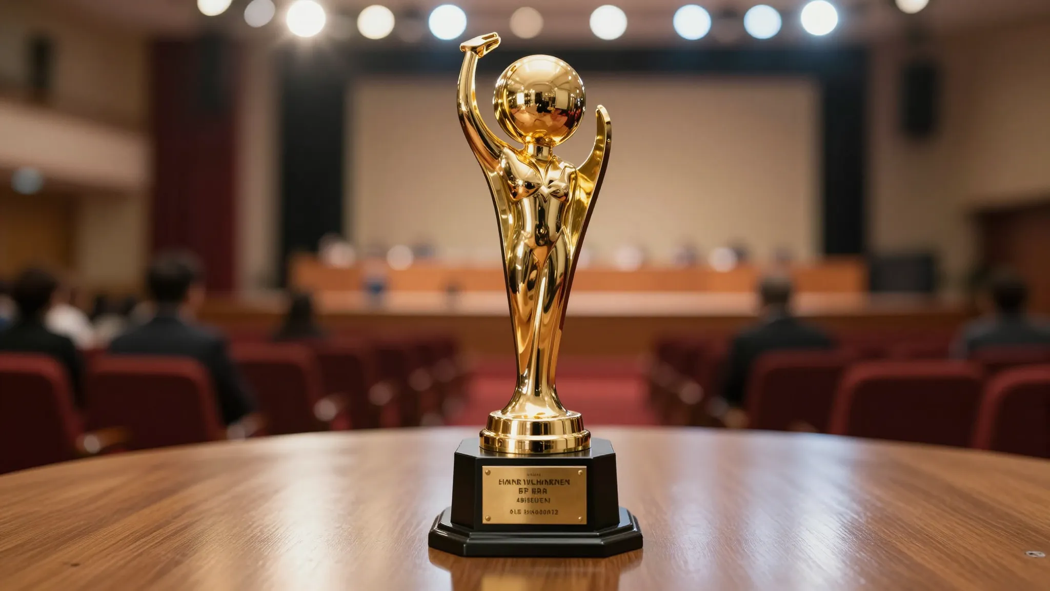 A prestigious golden award trophy on a wooden table with a b...