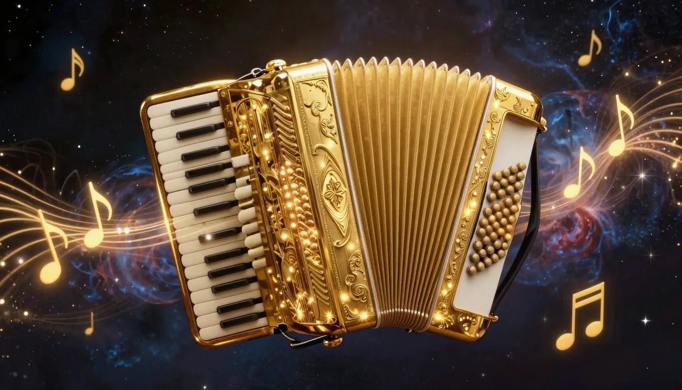 A magnificent golden button accordion with intricate glowing...