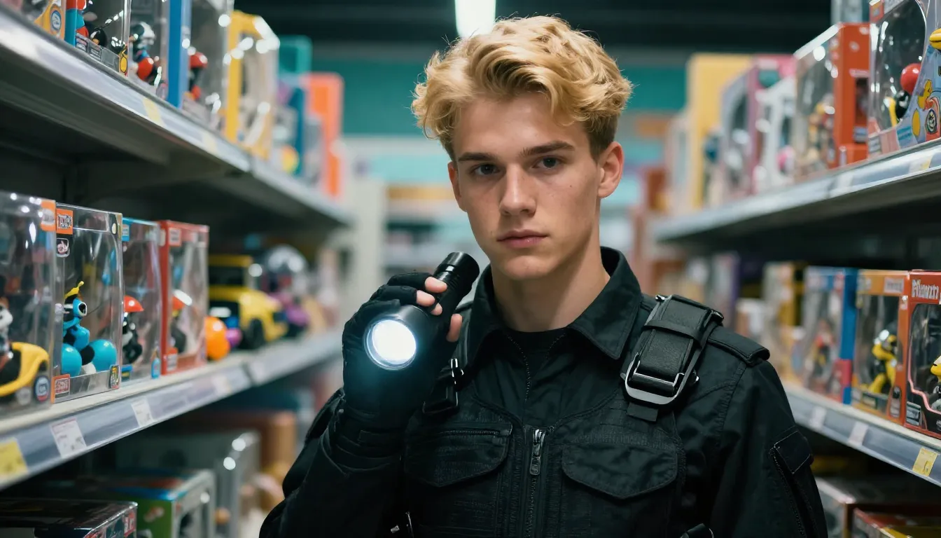Close-up of a handsome 18-year-old guard with a flashlight, ...