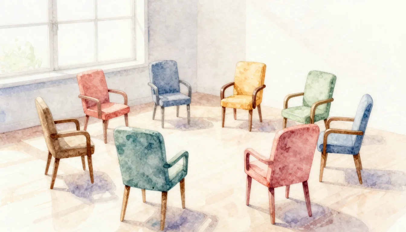 Watercolor art of a therapeutic circle of chairs in a bright...