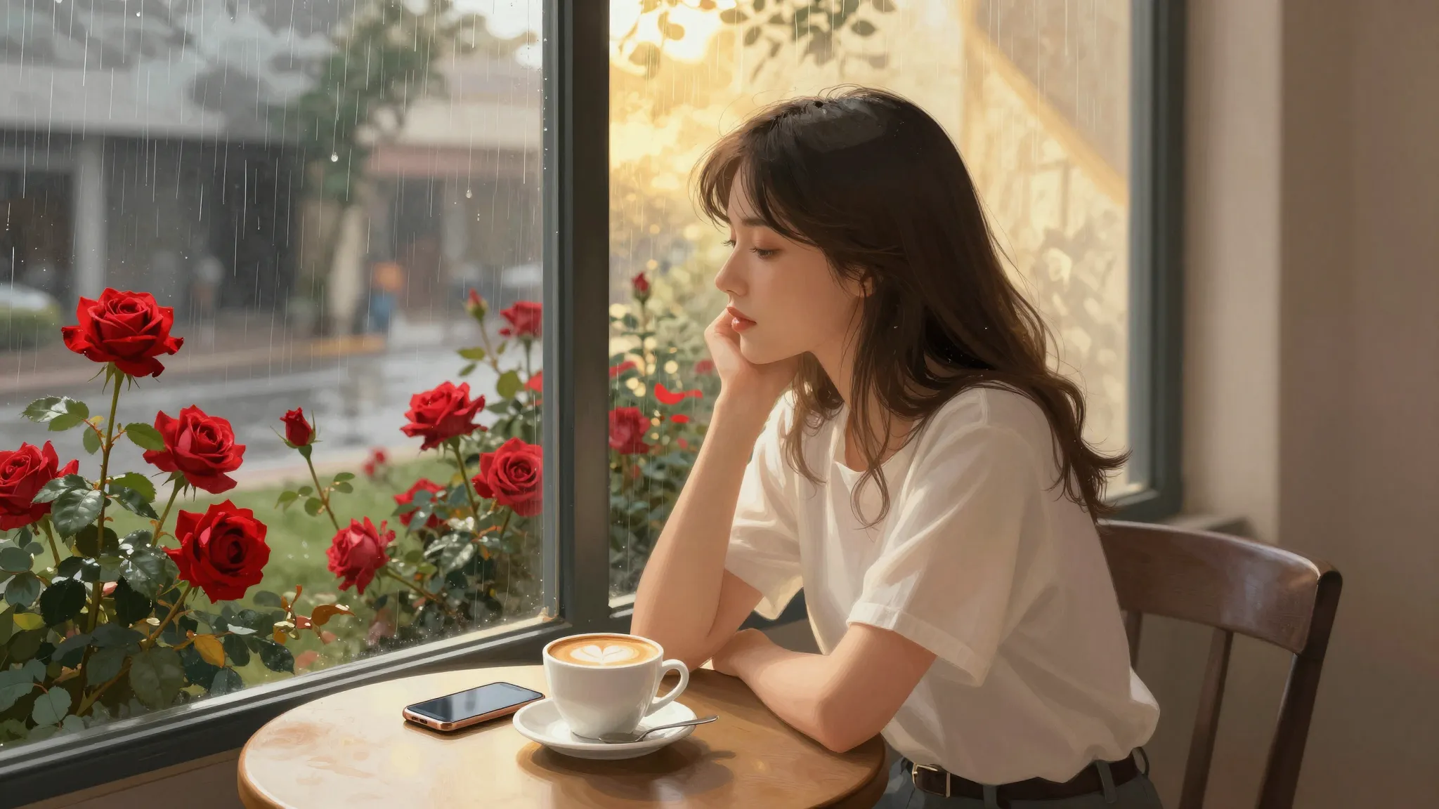 A detailed illustration of a woman at a cafe window. On the ...