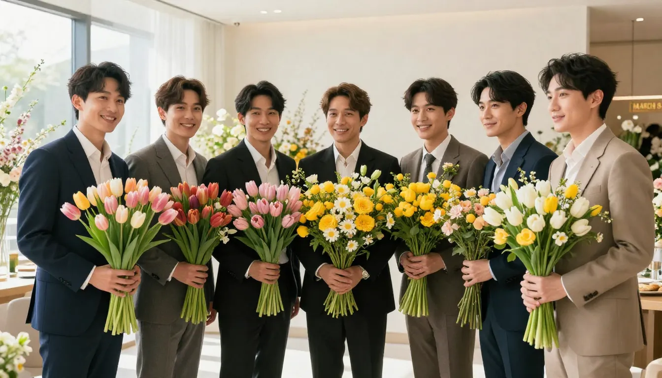 A group of elegant men in stylish suits standing in a bright...