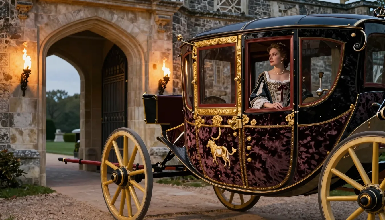 A close-up of a luxurious 17th-century carriage arriving at ...