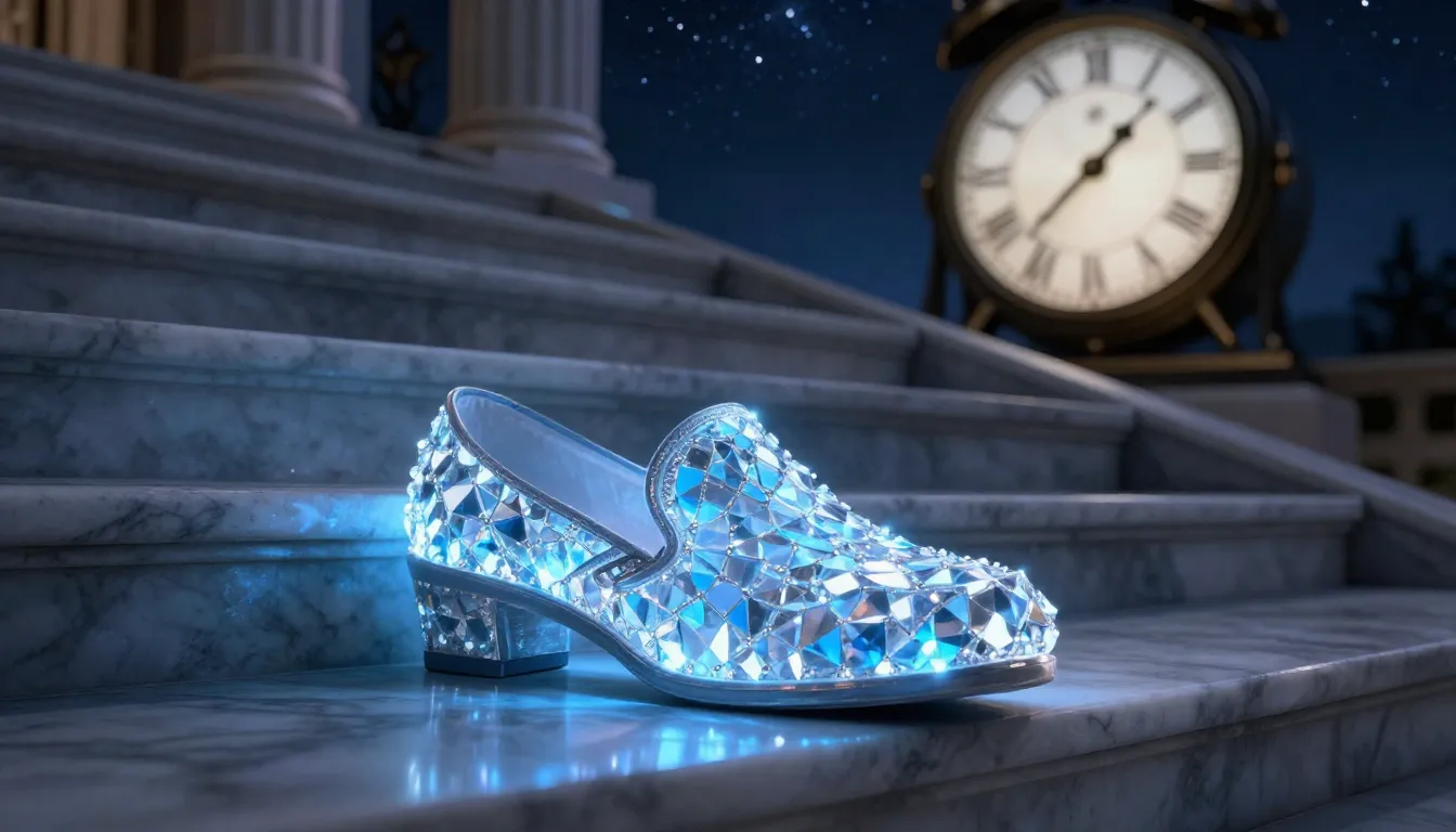 A close-up of a glowing crystal slipper left on a grand marb...