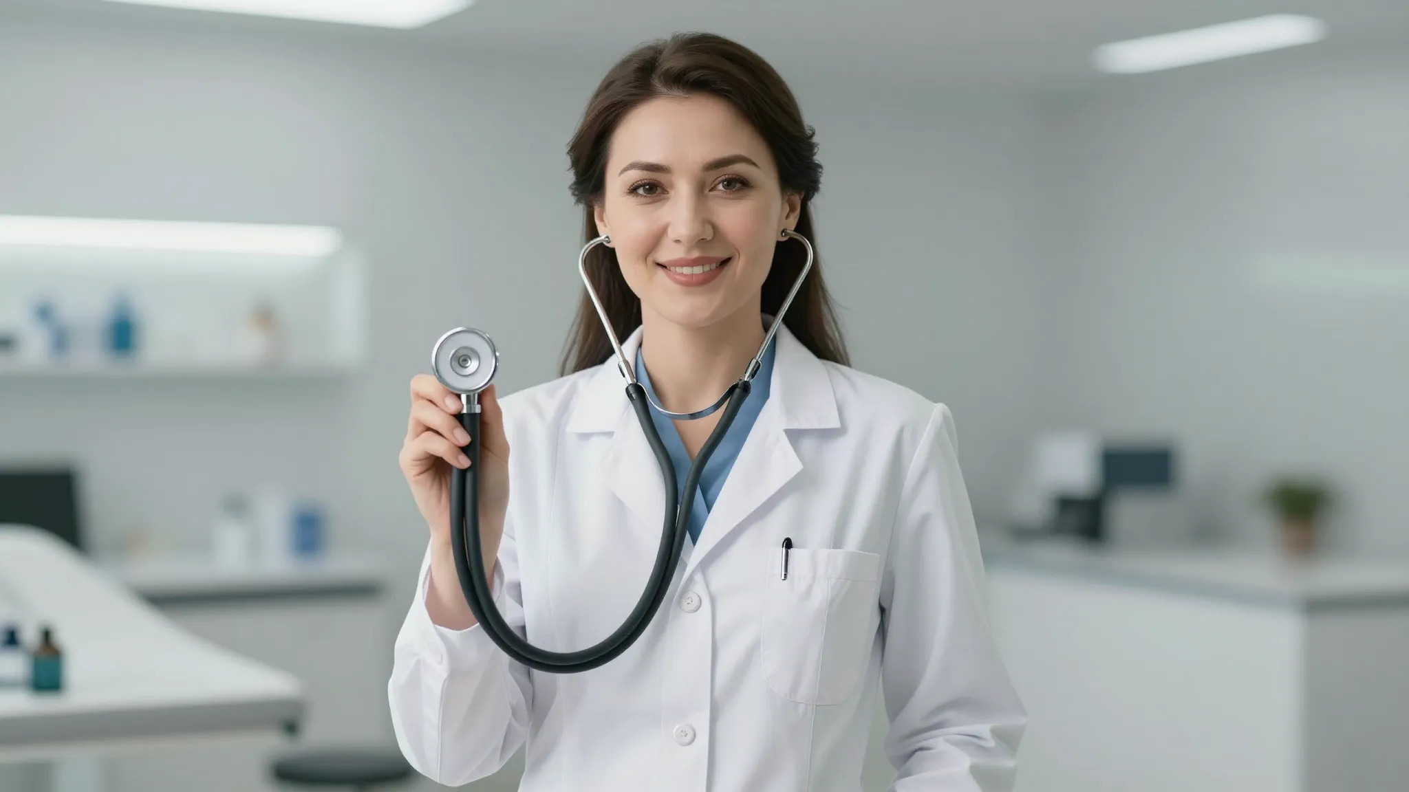 A beautiful Kyrgyz female doctor in a white medical coat, sm...