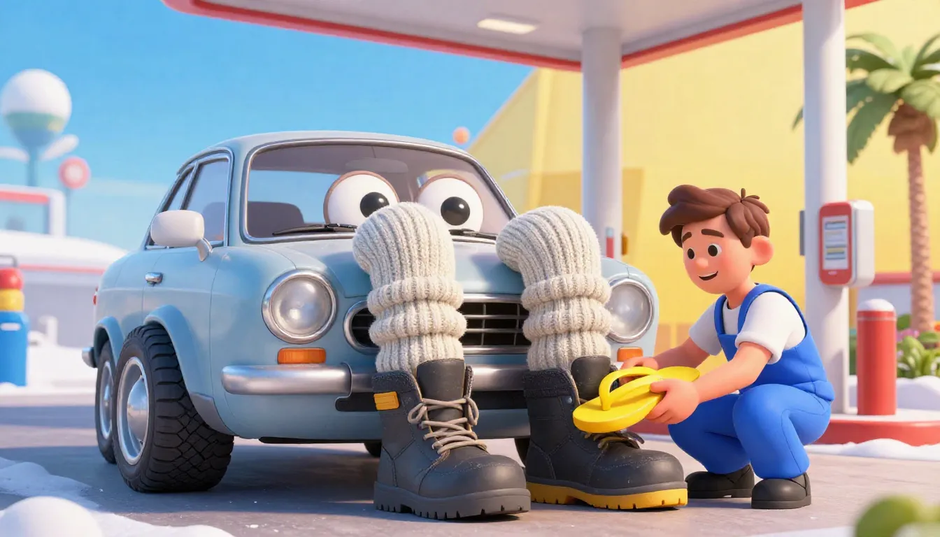 A humorous and creative 3D render of a car at a service stat...