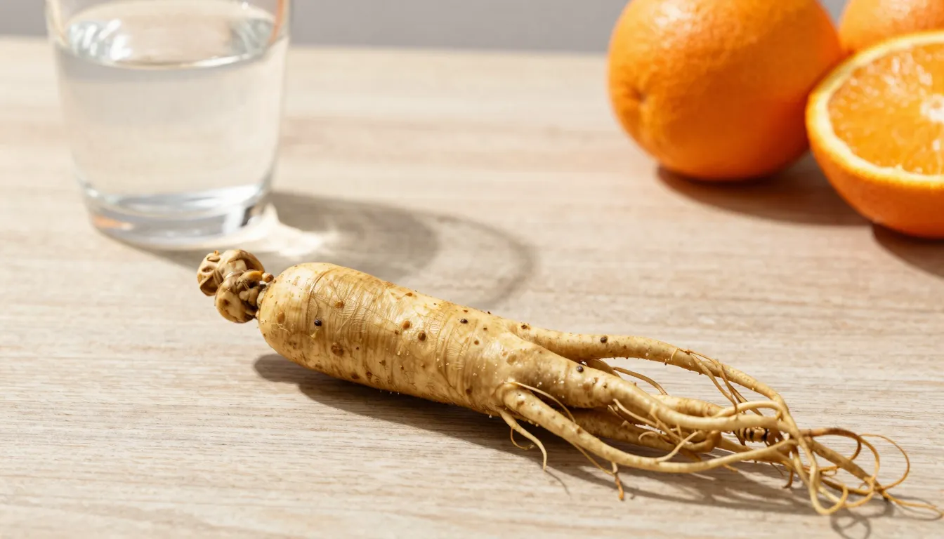 Ginseng root on a wooden table with a glass of water and fre...