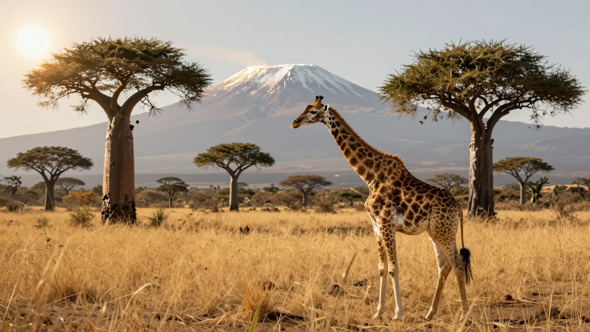 Majestic and graceful giraffe in the foreground of a dry Afr...