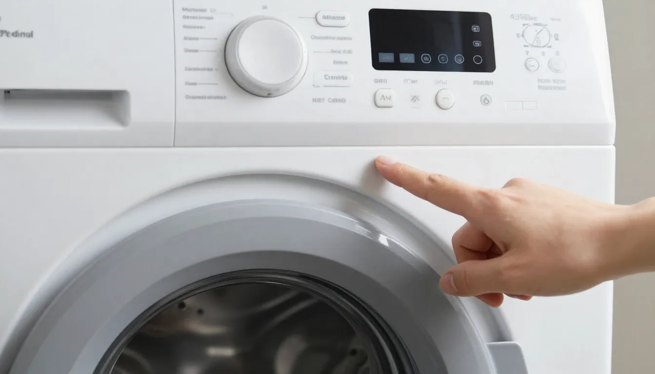 Close-up of a washing machine control panel with a hand poin...
