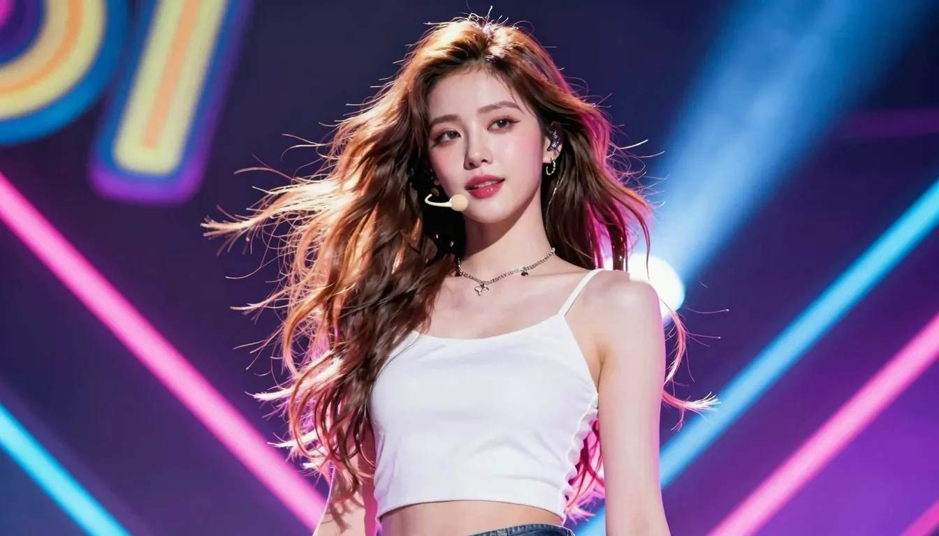 A powerful and beautiful woman standing on a stage, vibrant ...