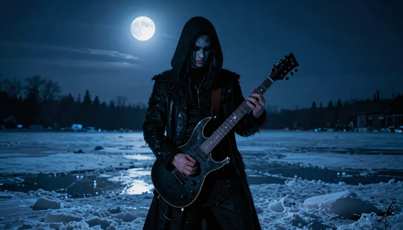 Dark melodic metal aesthetic, frozen lake at night, glowing ...
