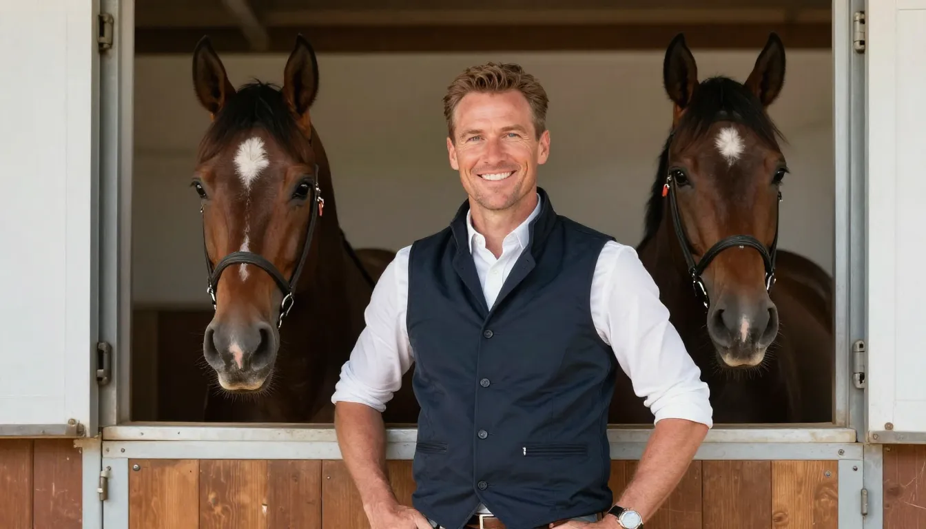 A professional portrait of a charismatic horse farm owner st...