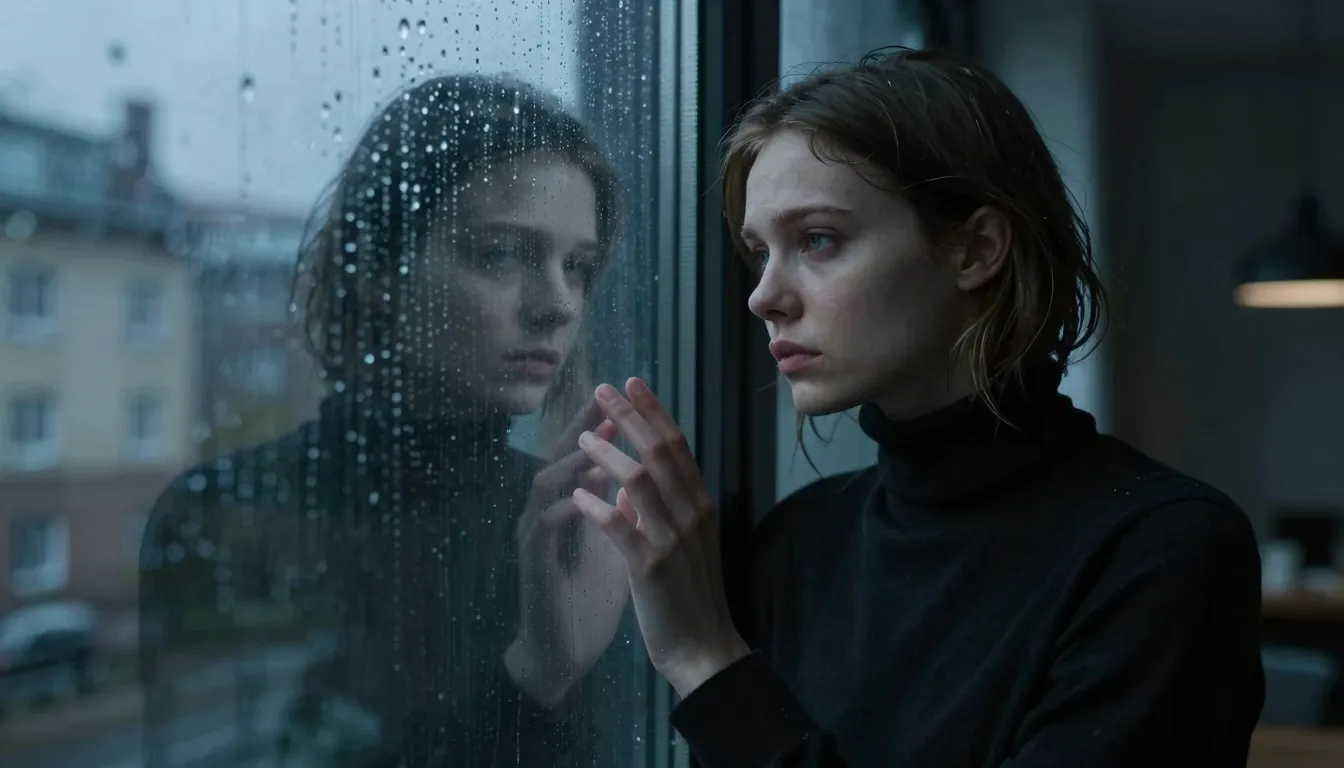 A cinematic close-up of a young Slavic woman with pale skin ...