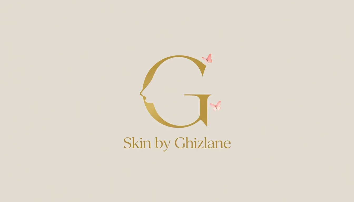 Minimalist gold logo 'Skin by Ghizlane', thin elegant font, ...