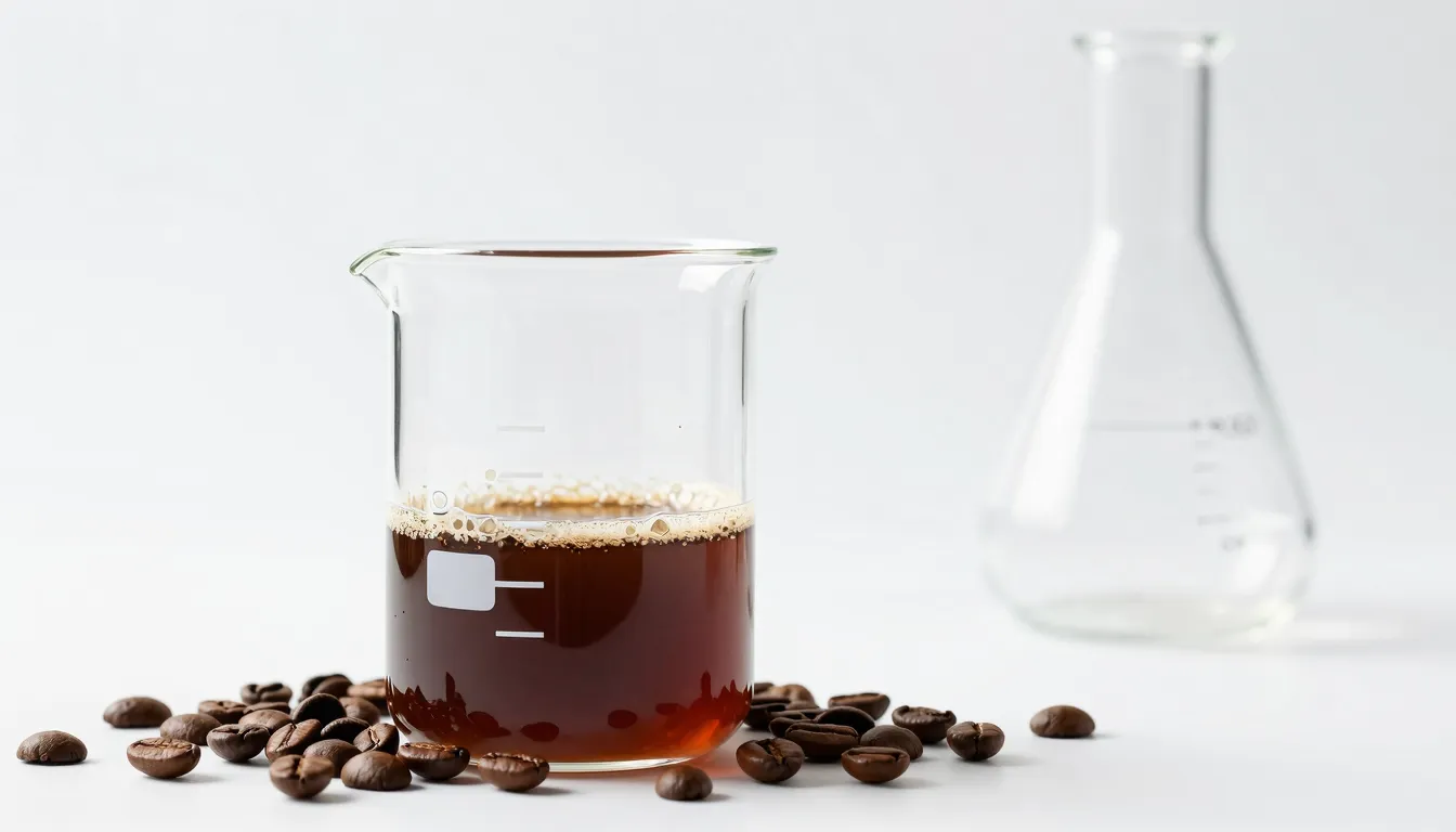 A modern laboratory glass beaker filled with coffee, surroun...