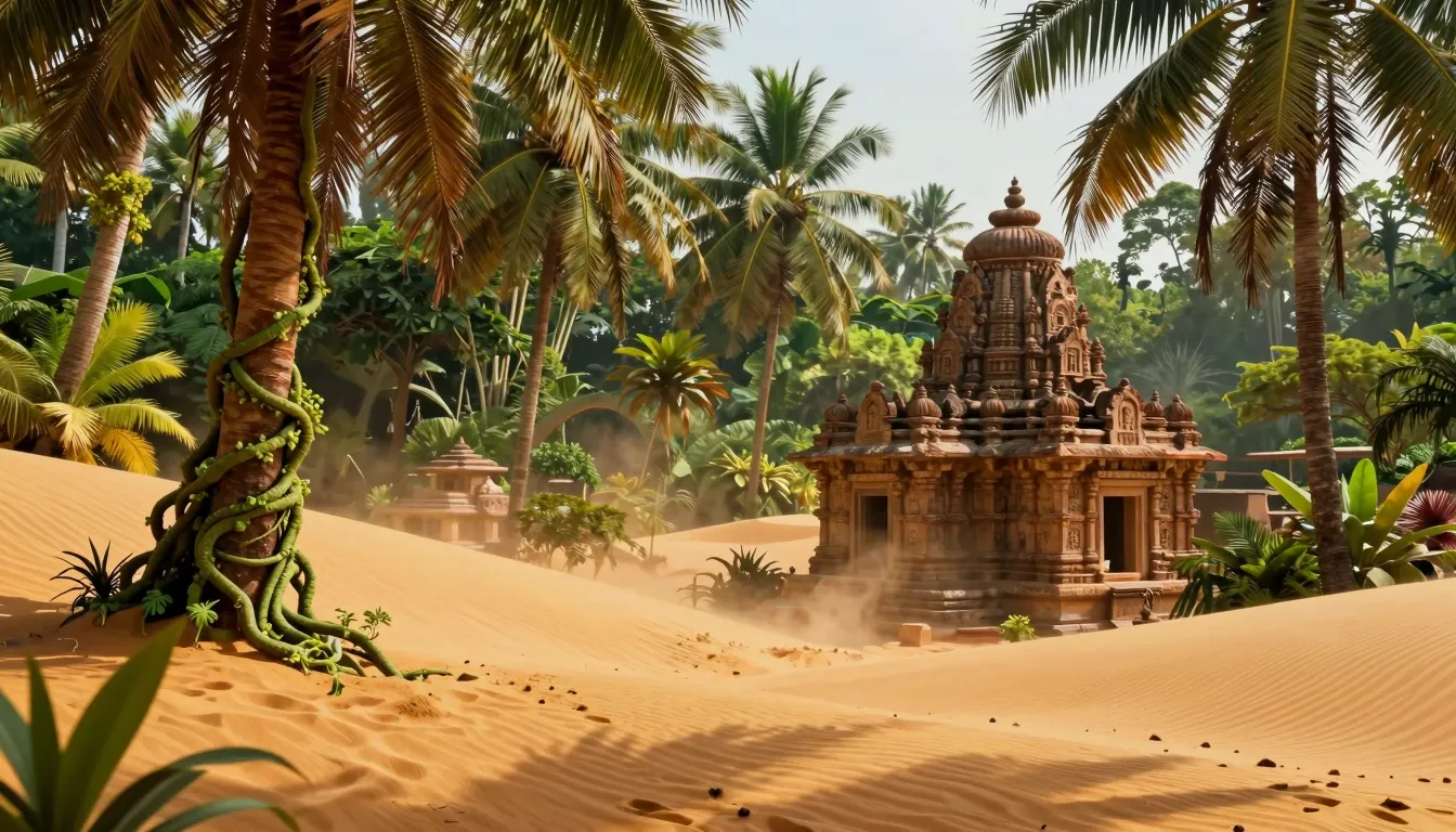 A surreal Indian jungle-desert landscape. Massive golden san...