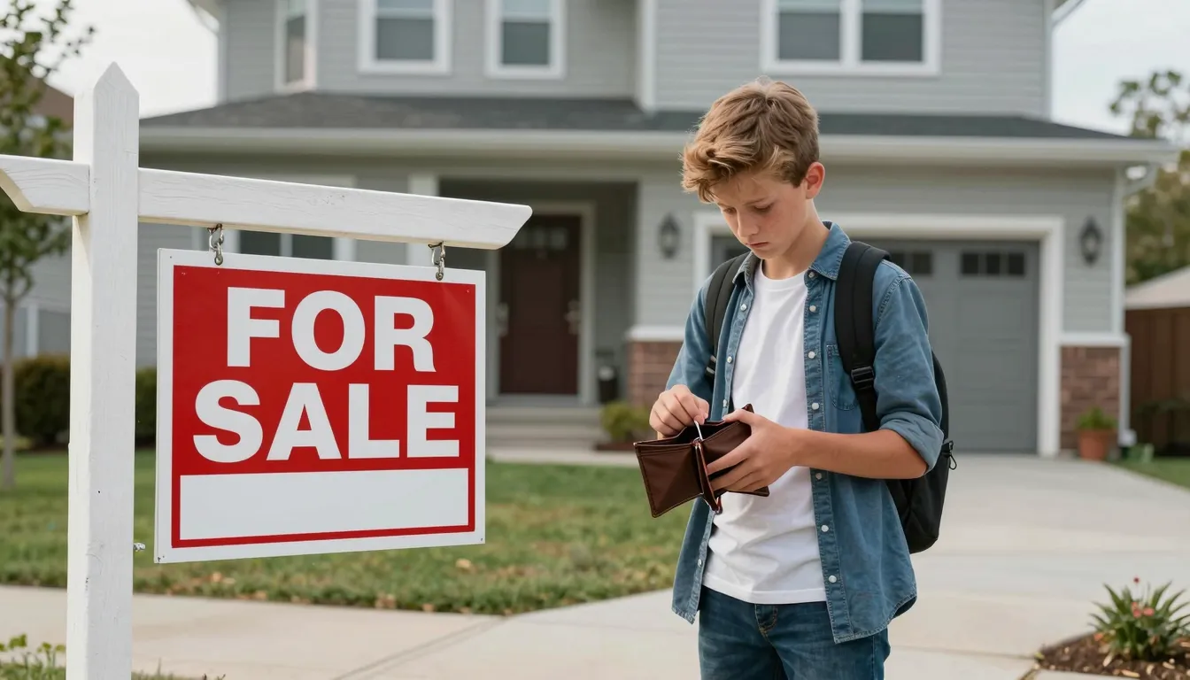 A young teenage boy standing on a modern city sidewalk, look...