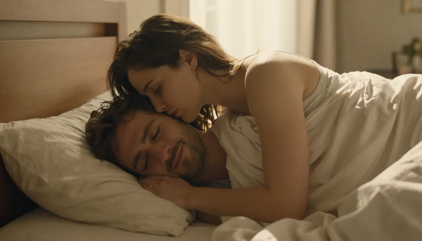 Scene 2: A woman tenderly kissing a man on the forehead as h...