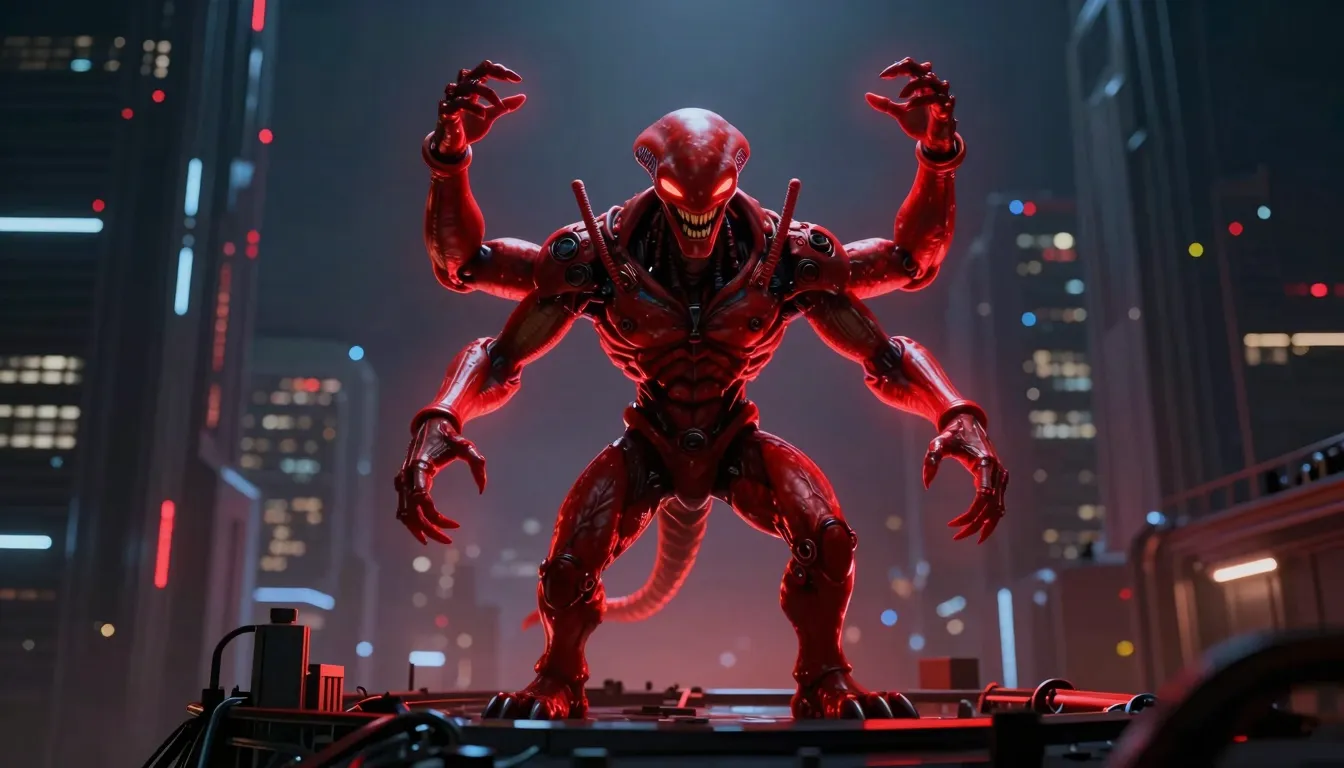 A powerful red alien creature with four arms, mischievous gr...